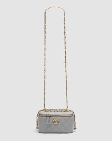 Chanel Classic Grey Lambskin Pearl Crush Vanity Bag Gold