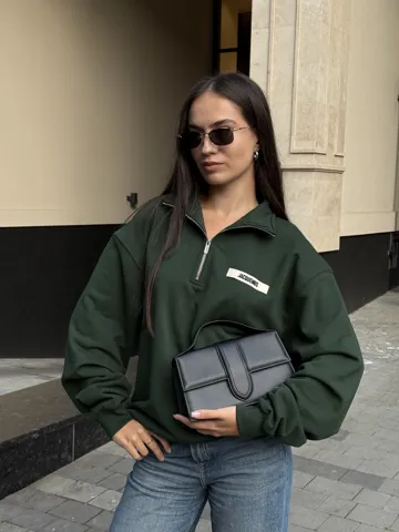 Jacquemus High Collar Half-Zip Grosgrain Sweatshirt Green